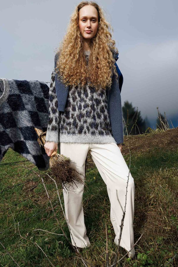 Leopard Print Brown Sweater – Crew Neck, Drop Shoulder, Fuzzy Texture, Relaxed Fit Knit sweater LUNARITY GARAGE