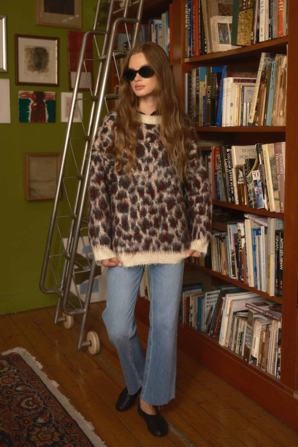 Leopard Print Emerald Green Sweater – Crew Neck, Drop Shoulder, Fuzzy Texture, Relaxed Fit Knit sweater LUNARITY GARAGE