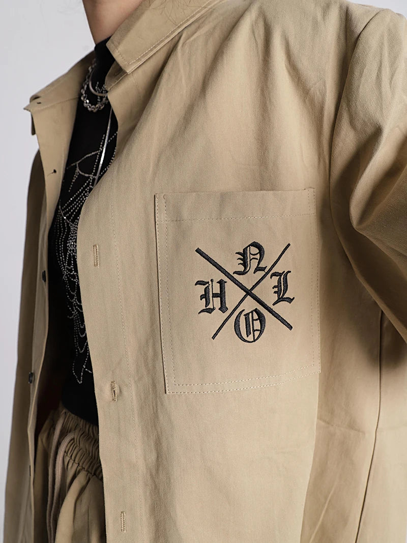 Khaki Streetwear Fashion Summer Workwear Shirt Shorts Set Men And Women Clothing Loose American Letter Embroidered Two Piece Set Clothing Set Lunarity Garage