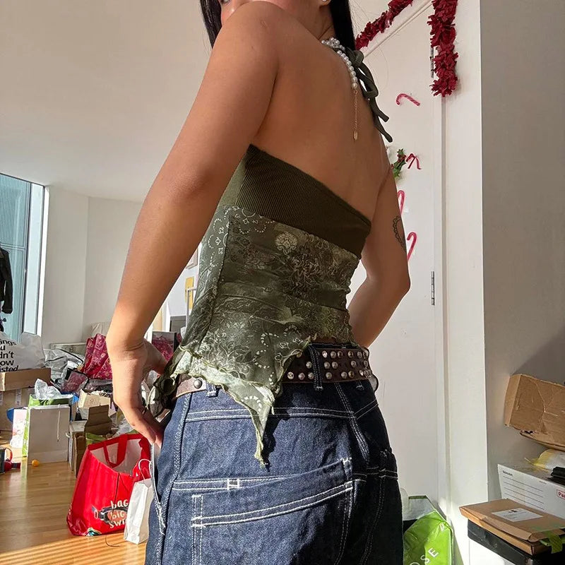 Boho Vintage Mesh Patchwork Crop Top crop top Lunarity Garage