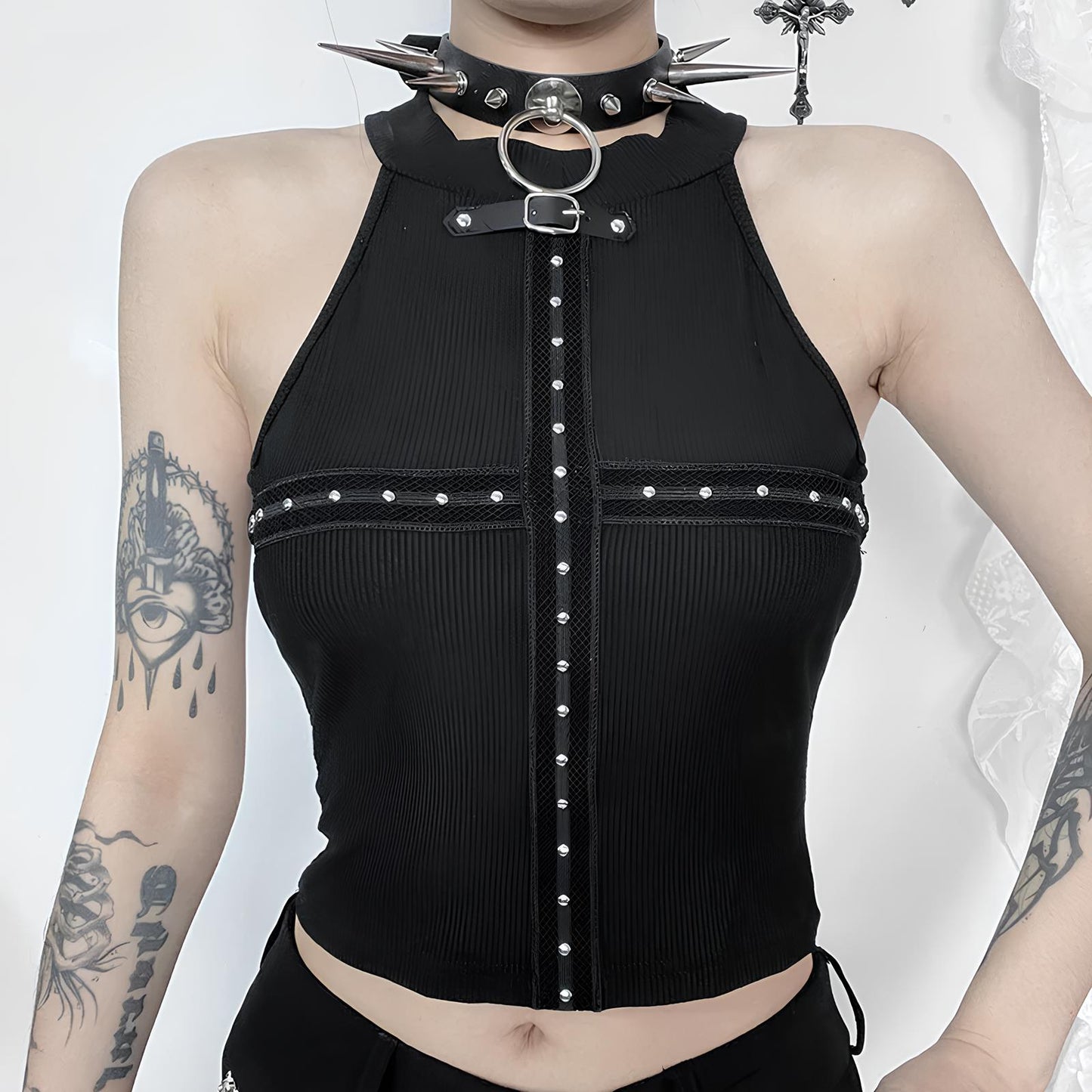 Goth Rivet Mesh Patchwork Crop Top crop top Lunarity Garage   