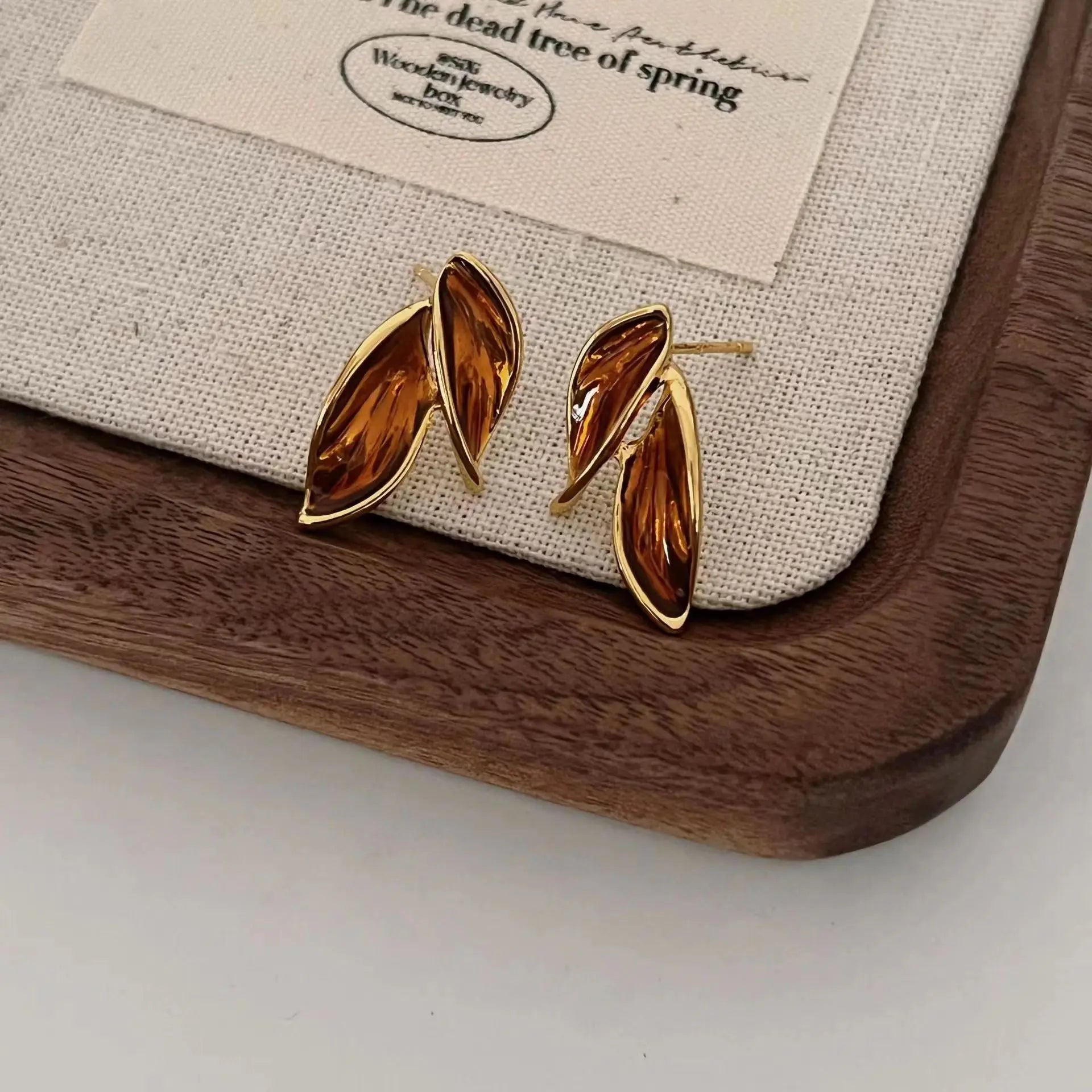 Brown Leaf Geometry Stud Earrings - Trendy Metal Plant-Inspired Push-Back Studs Earrings Lunarity Garage