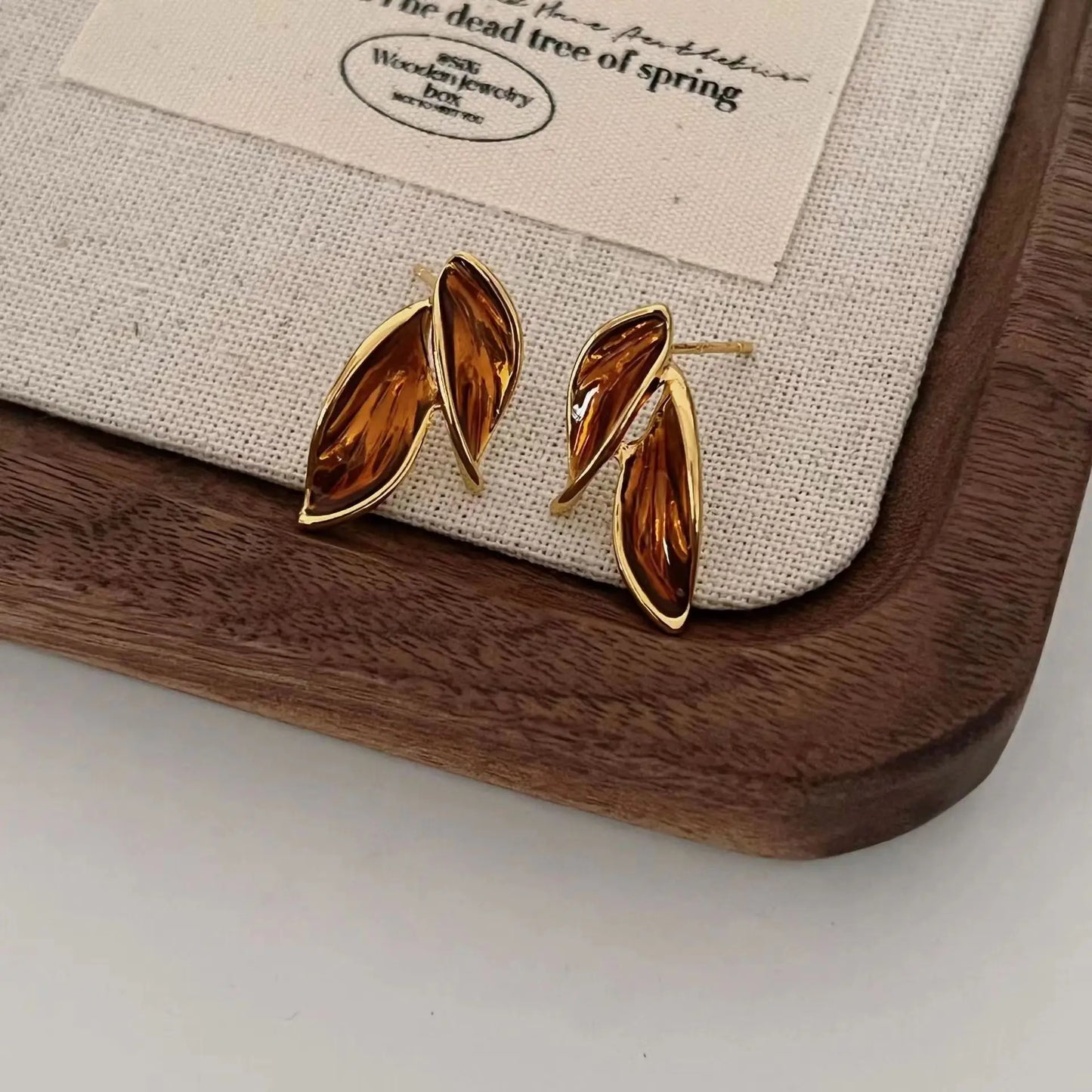 Brown Leaf Geometry Stud Earrings - Trendy Metal Plant-Inspired Push-Back Studs Earrings Lunarity Garage   