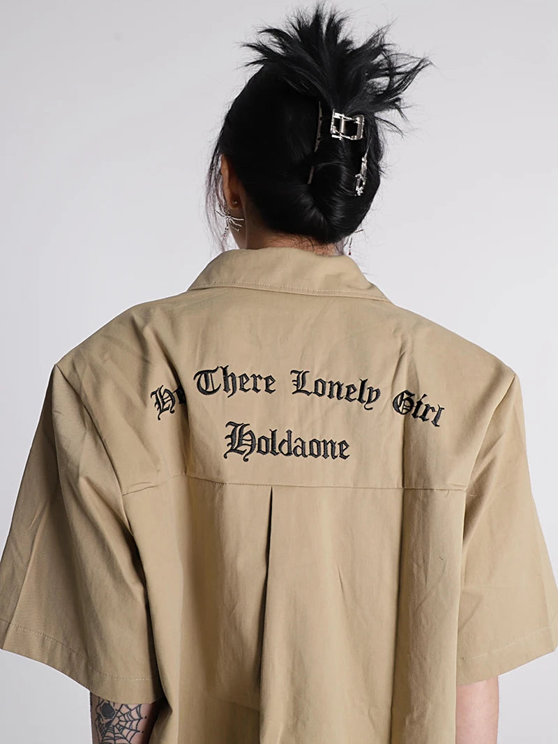 Khaki Streetwear Fashion Summer Workwear Shirt Shorts Set Men And Women Clothing Loose American Letter Embroidered Two Piece Set Clothing Set Lunarity Garage