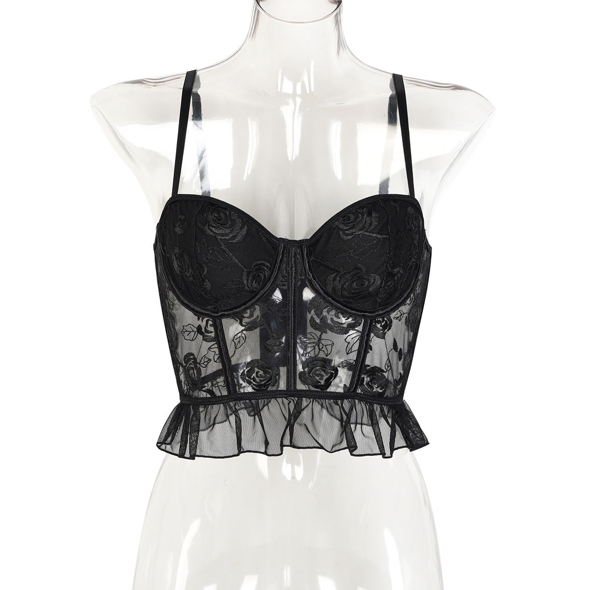 Black Rose Flower Embroidered Strap Top strap top LUNARITY GARAGE