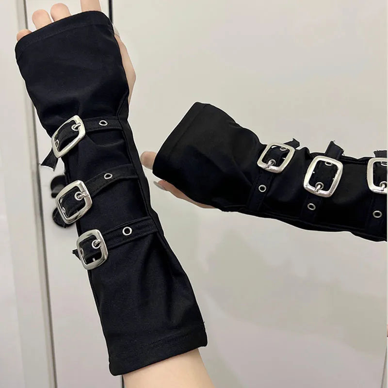 Y2K Gothic Metal Button Strap Wristband Gloves Gloves Lunarity Garage Black 33cm 