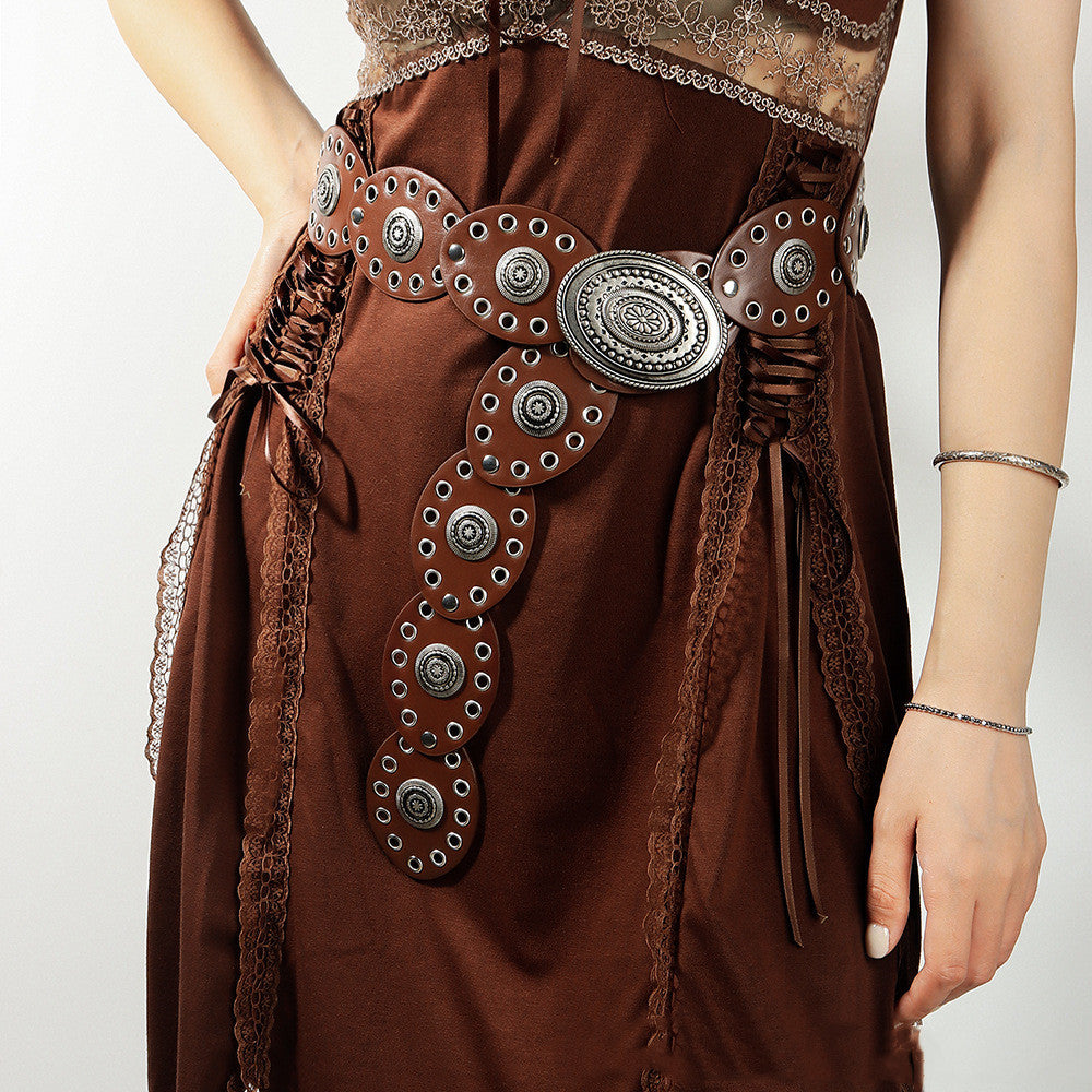 Retro Aesthetic Double Buckle Women Belt Vintage Belt LUNARITY GARAGE Antique Silver Reddish Brown 106cm 