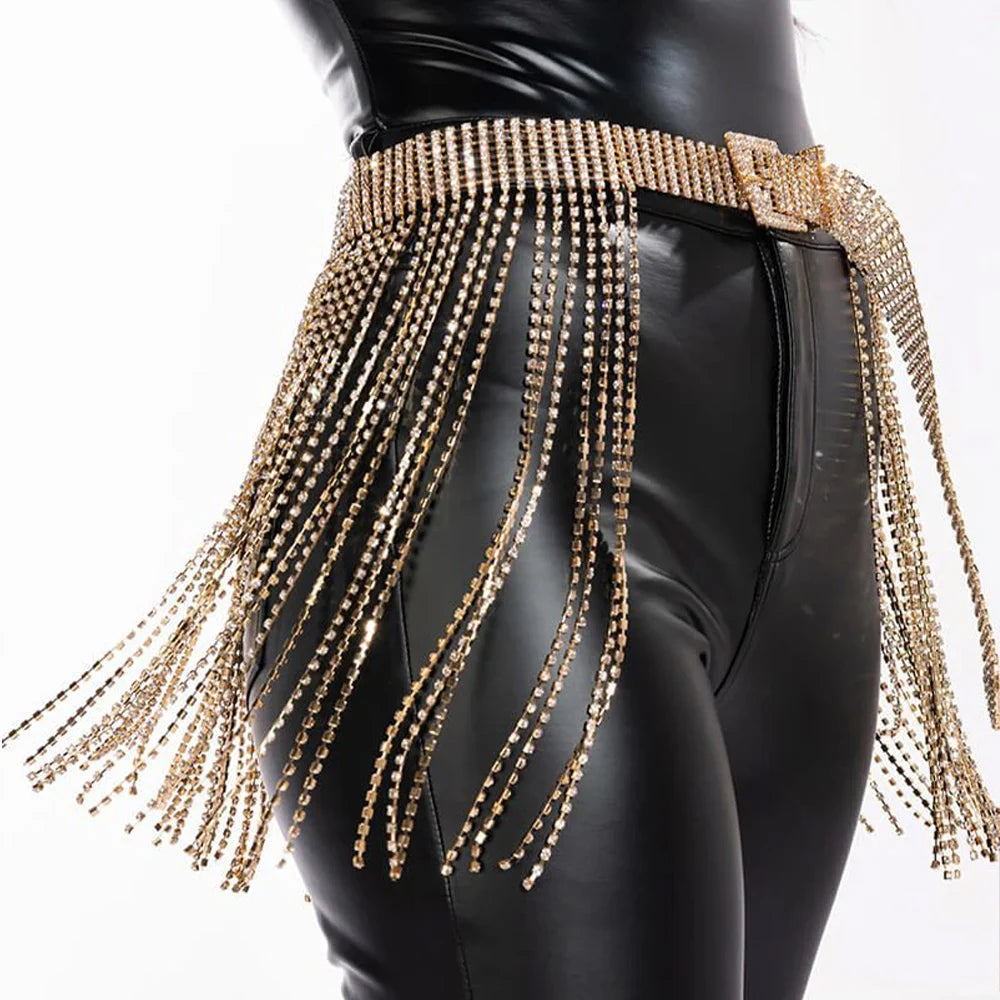 Glitter Crystal Tassel Mini Skirt Rhinestone Chain Belt Belt Lunarity Garage   