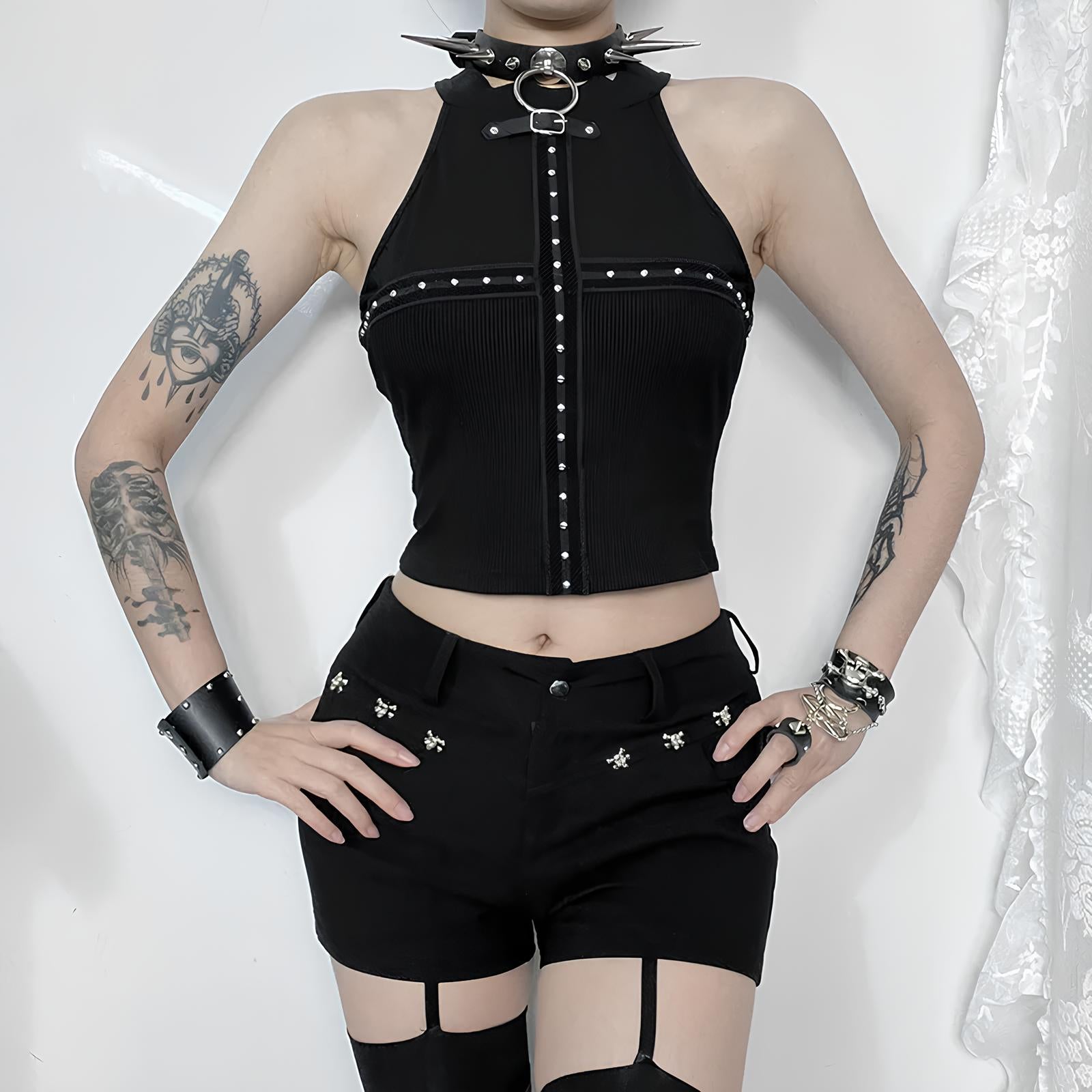 Goth Rivet Mesh Patchwork Crop Top crop top Lunarity Garage
