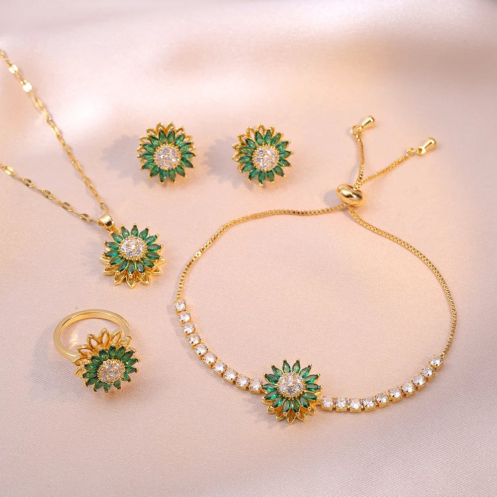 Rotating Green Stone Sunflower Jewelry Set Jewelry Set Lunarity Garage Necklace and Ring