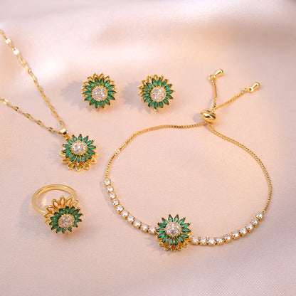 Rotating Green Stone Sunflower Jewelry Set Jewelry Set Lunarity Garage Necklace and Ring  