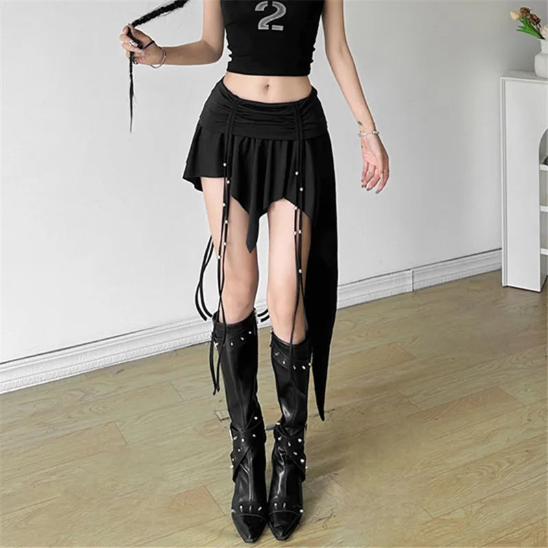 Gothic Dropped Waist Mini Skirt - Punk Grunge Irregular Hem A-line Techwear Skirts LUNARITY GARAGE