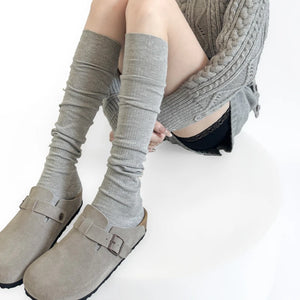 Autumn & Winter Women’s Japanese Knitted Cotton Stockings – Solid Color Medium Tube (2 Pairs)