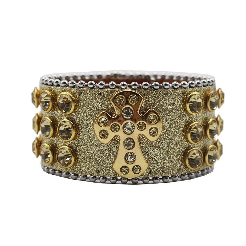 Designer PU Leather Rhinestone Cross Bracelet – Western Bling Statement Piece Bracelets LUNARITY GARAGE Shiny-Gold