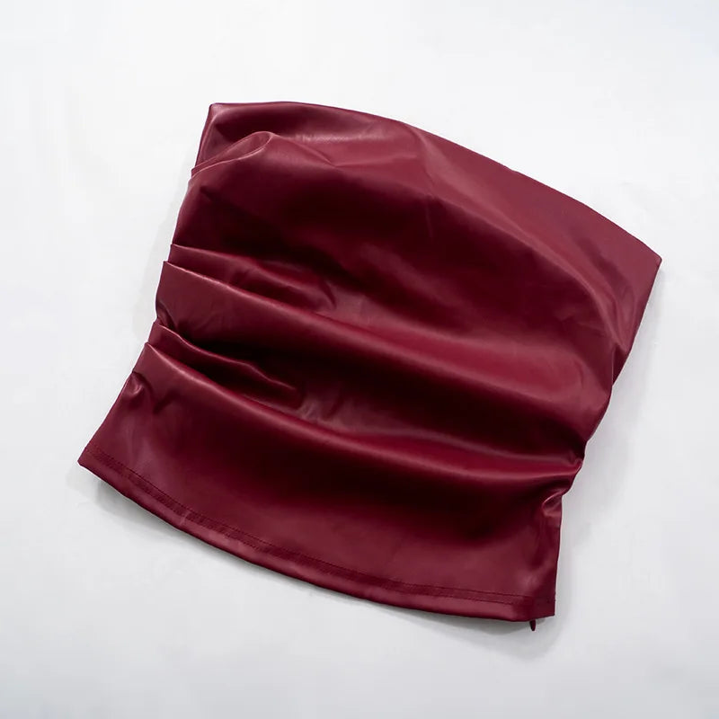Wine Red Strapless Leather Top – Sexy Slim Fit Party Top Tops LUNARITY GARAGE