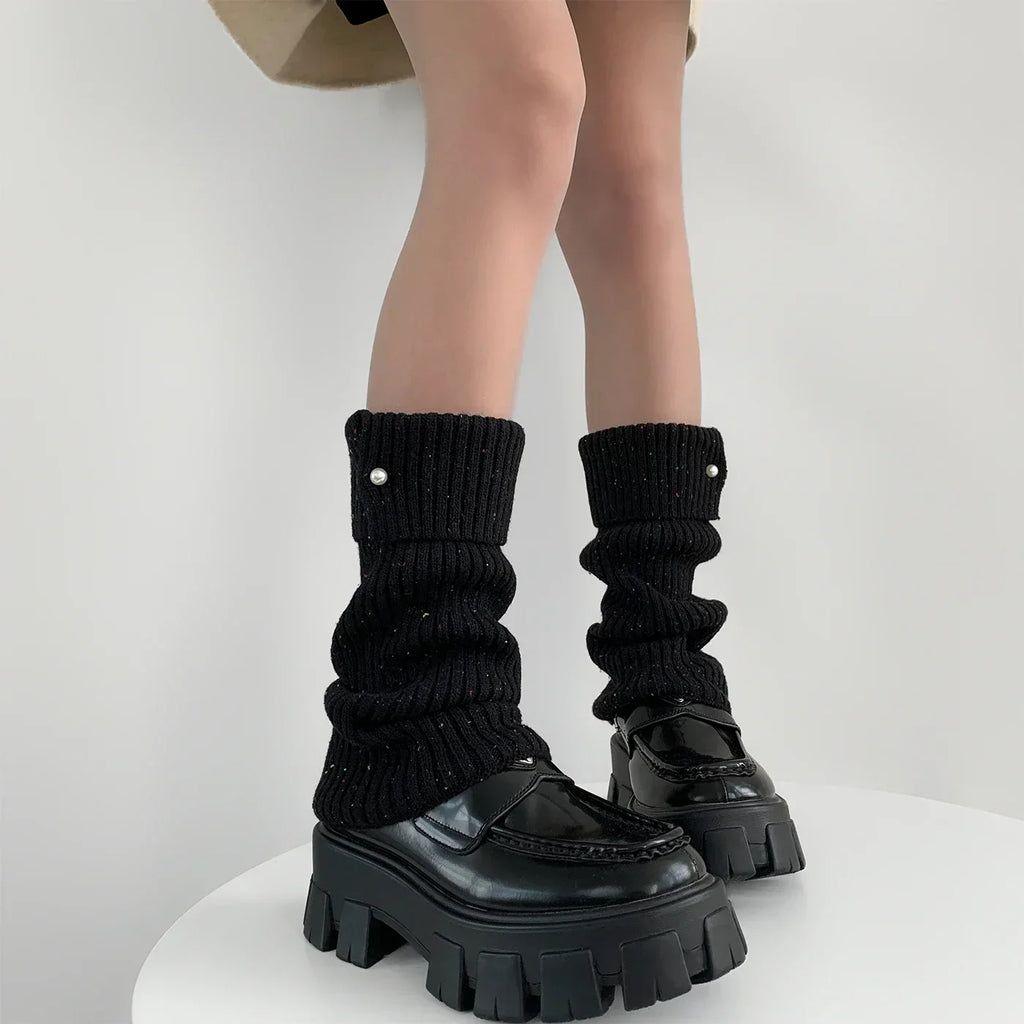 Harajuku Pearl Mid-Calf Leg Warmers – Thick Wool Knit Ankle Covers for Winter Socks Lunarity Garage black 31cm 