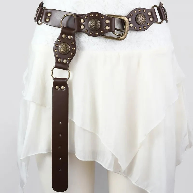 Vintage Circle Rivet Wide Belt - Cowboy Hollow PU Girdle Punk Metal Buckle belt LUNARITY GARAGE
