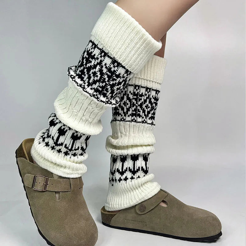 Women’s Vintage Knit Wool Leg Warmers with Tulip Pattern Leg warmer LUNARITY GARAGE white 40cm