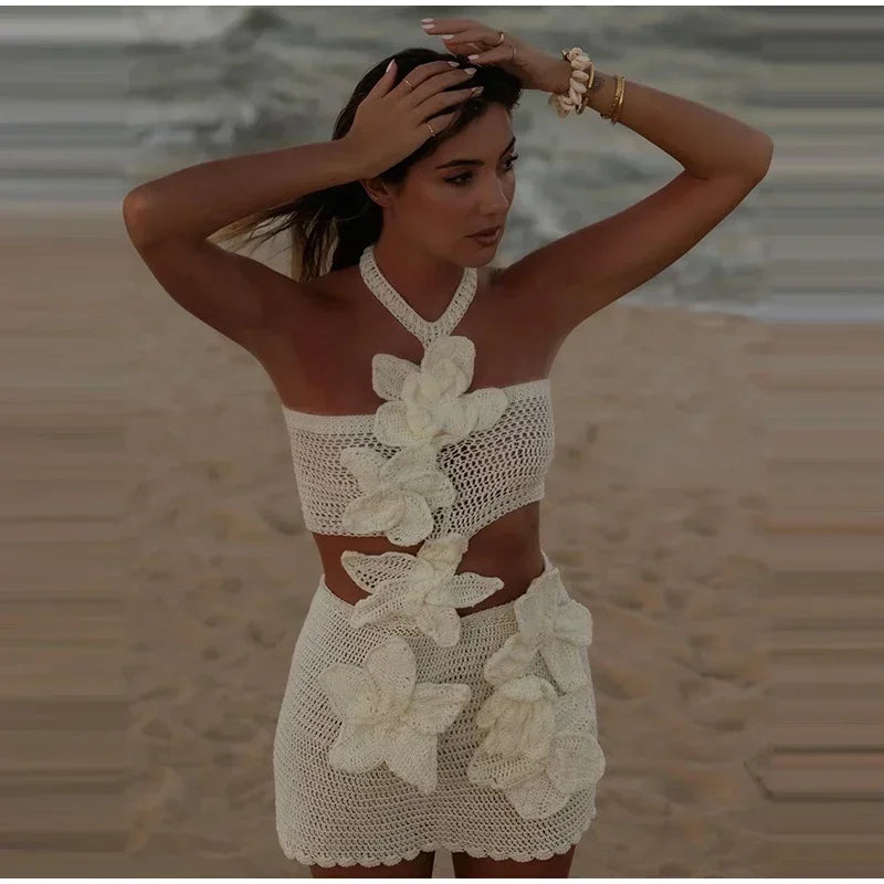 Beach Knit 3D Flower Mini Dress | Sexy Hollow Out Sleeveless Backless Halter Dress for Summer Holiday Dress LUNARITY GARAGE