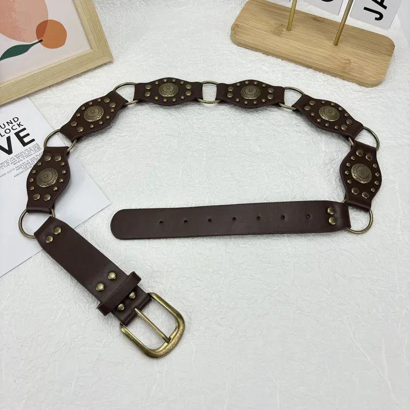 Vintage Circle Rivet Wide Belt - Cowboy Hollow PU Girdle Punk Metal Buckle belt LUNARITY GARAGE