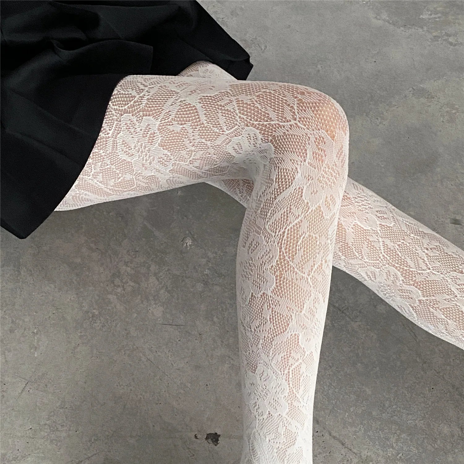 Women Lace Sling-back Fishnet Stockings Pantyhose Retro Sexy Flower Leggings Tights Underwear Lolita Hollow Party Lingerie LUNARITY GARAGE White 1