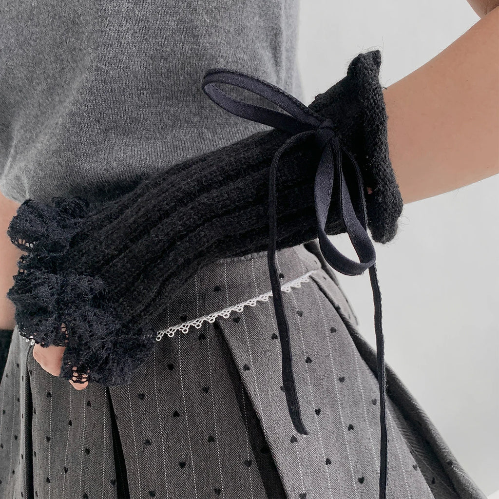 Y2K Lace Knit Fingerless Gloves with Tied Cuffs – Punk Women’s Strap Hand Sleeves, Gothic Lolita & JK Style Accessories Gloves LUNARITY GARAGE   