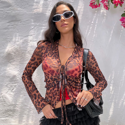 Leopard Print Sheer Mesh Top – Women's See-Through Y2K T-Shirt, Summer Streetwear Blouse & Beachwear Tops Lunarity Garage Leopard S