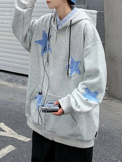 Emo Star Patch Oversized Zip-Up Hoodie – Y2K Vintage Streetwear Jackets Lunarity Garage