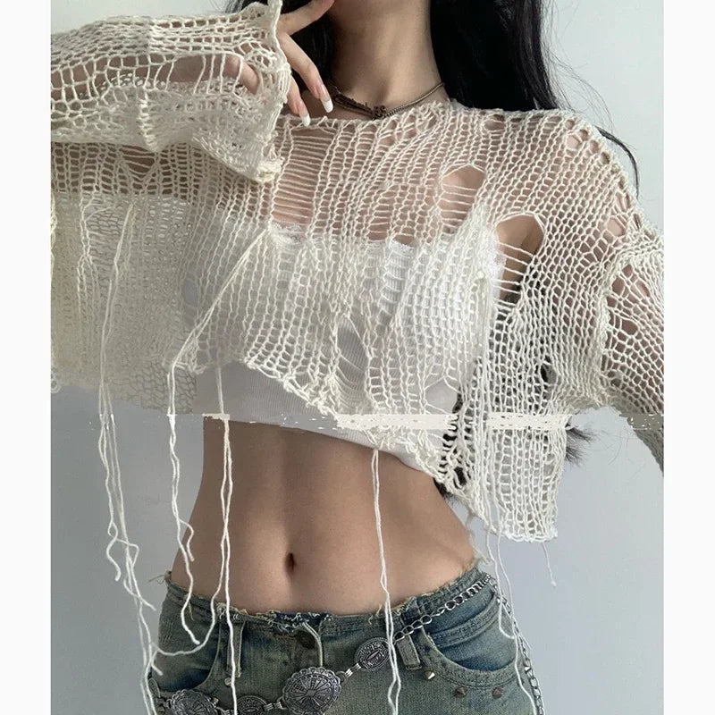 Boho Knitted Hollow Out Crop Tee – Vintage Y2K Loose Fit Ripped Long Sleeve Jumper for Women crop top Lunarity Garage
