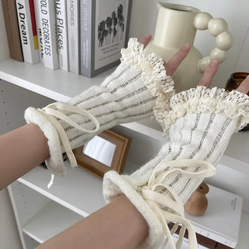 Y2K Lace Knit Fingerless Gloves with Tied Cuffs – Punk Women’s Strap Hand Sleeves, Gothic Lolita & JK Style Accessories Gloves LUNARITY GARAGE   