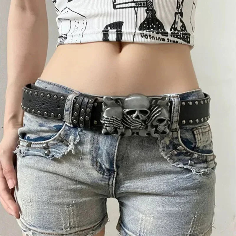 Punk Skull Hand Belt – Gothic Y2K Skeleton Hand Leather Belt with Rivets for Men and Women, Harajuku Halloween Accessories - head / 105cm Punk Skull Hand Belt – Gothic Y2K Skeleton Hand Leather Belt with Rivets for Men and Women, Harajuku Halloween Accessories - head / 105cm