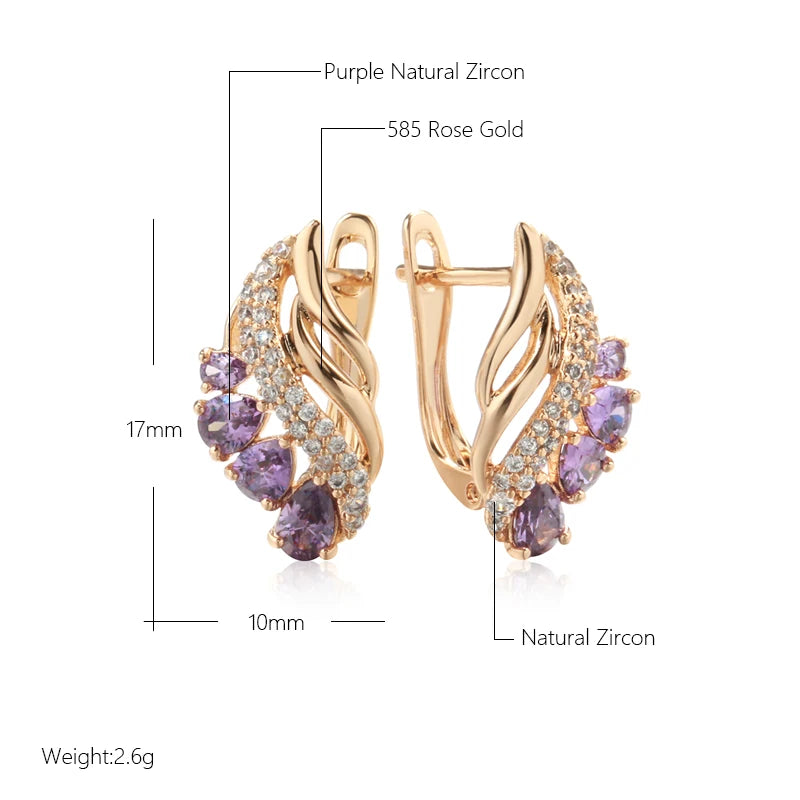 Purple Water Drop Natural Zircon Earrings for Women Luxury 585 Rose Gold Fashion Jewelry Unique Daily Drop Earrings ring LUNARITY GARAGE   