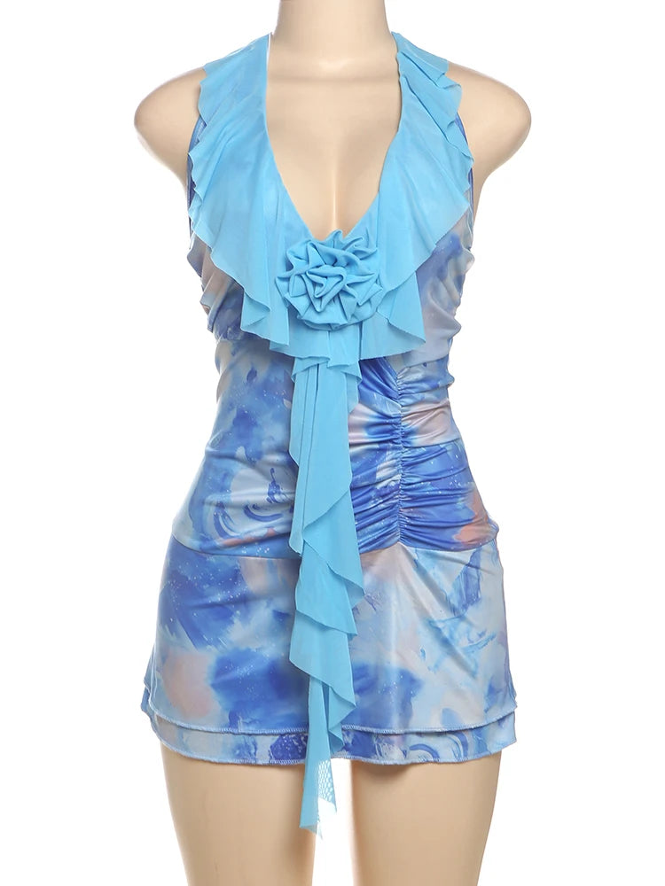 Fashion Sexy High Street Mini Dress - Halter V-Neck Print Backless Dress LUNARITY GARAGE