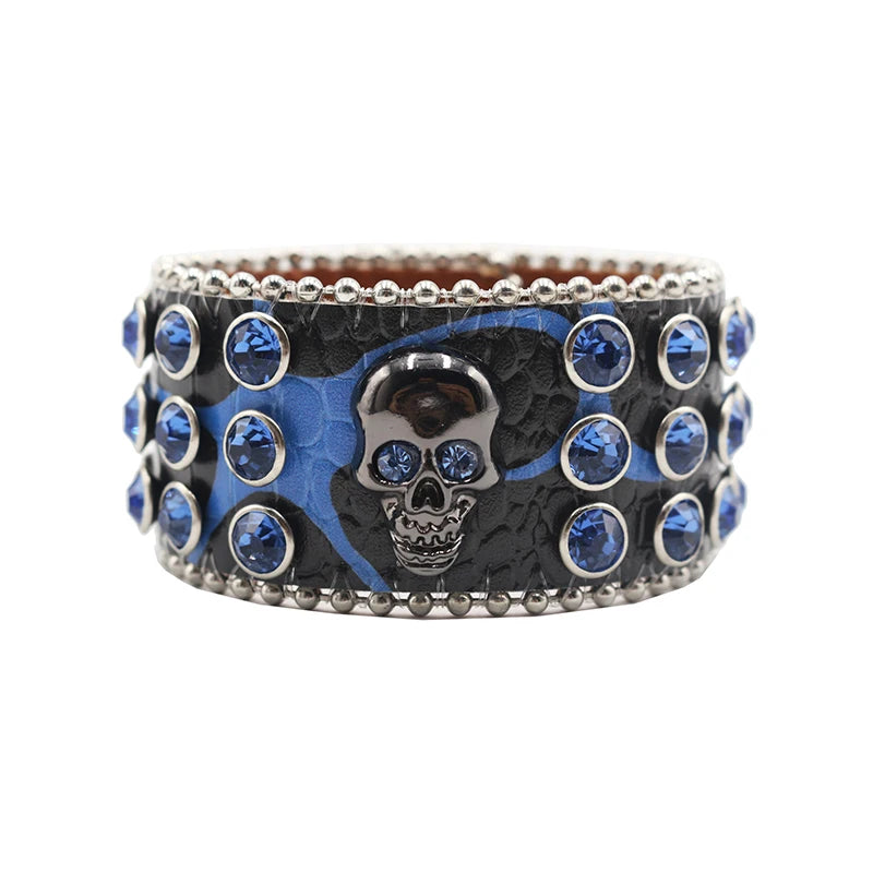Wide Rhinestone Skull Bracelet – PU Leather Statement Cuff Bracelets LUNARITY GARAGE HW-Blue