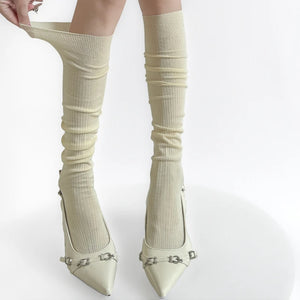 Autumn & Winter Women’s Japanese Knitted Cotton Stockings – Solid Color Medium Tube (2 Pairs)