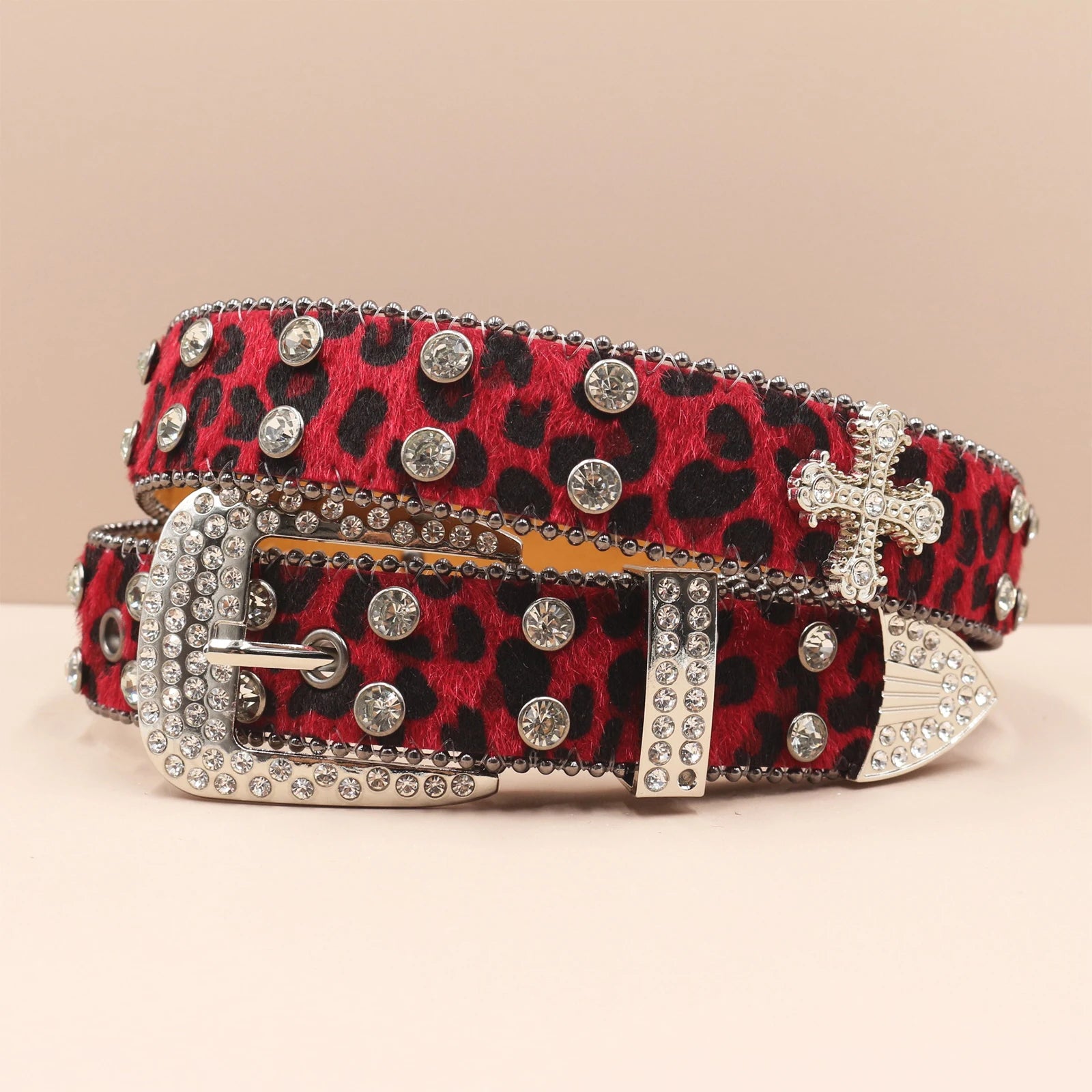 3.3cm Leopard Print Rhinestone Belt Hip Hop Punk Style belt LUNARITY GARAGE Red 105CM