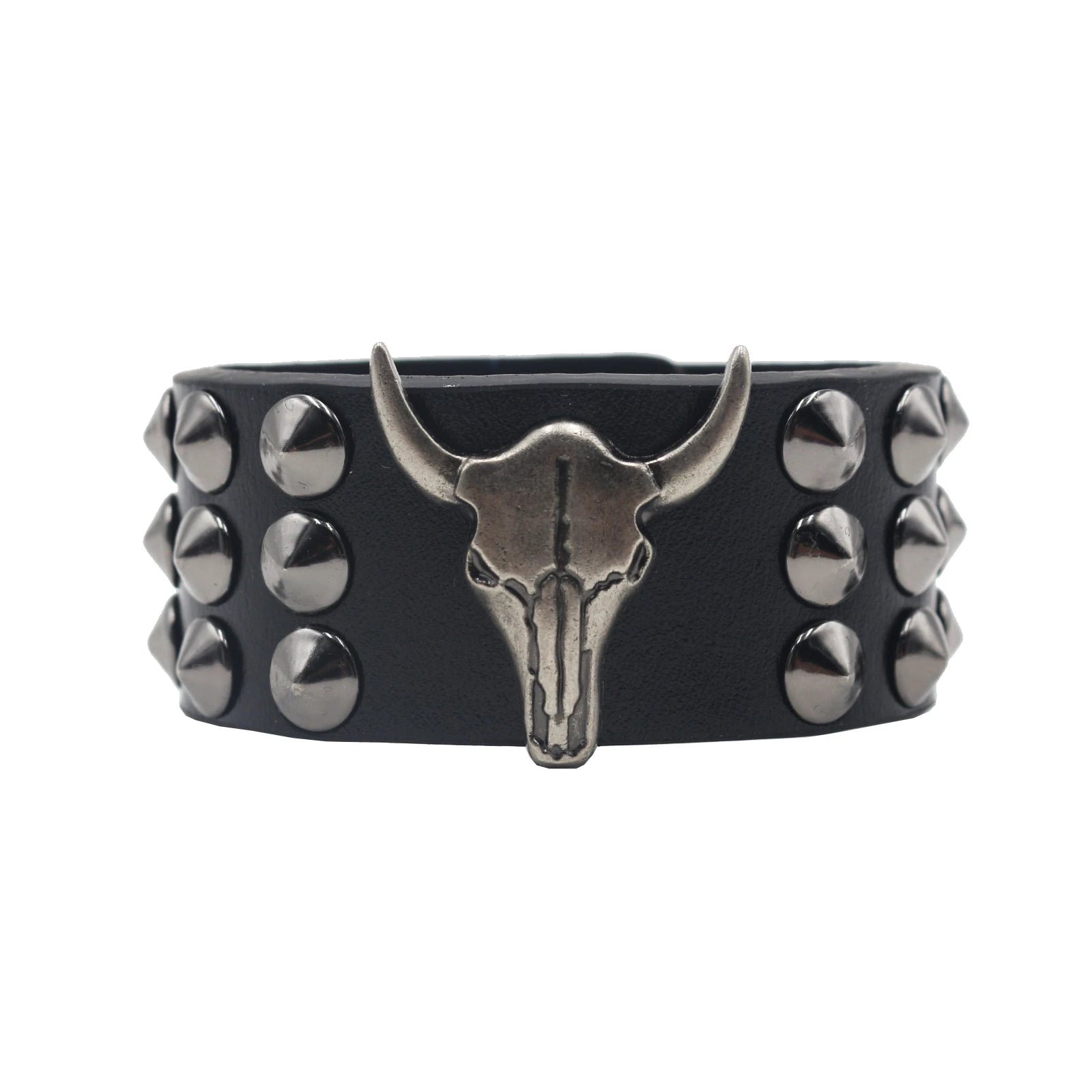 Skull Cross Rivet Wide Cuff Bracelet – Genuine Leather Punk Rock Bangle Bracelets LUNARITY GARAGE Cow