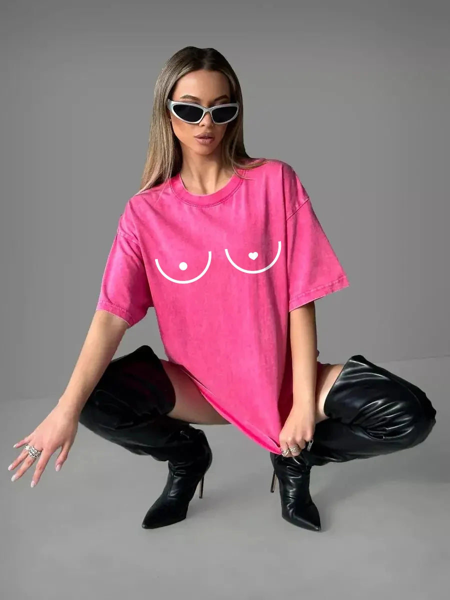 Heart Graphic Washed Cotton T-Shirt - Y2K Loose Retro Short Sleeve Tee Tshirt LUNARITY GARAGE Rose Red S
