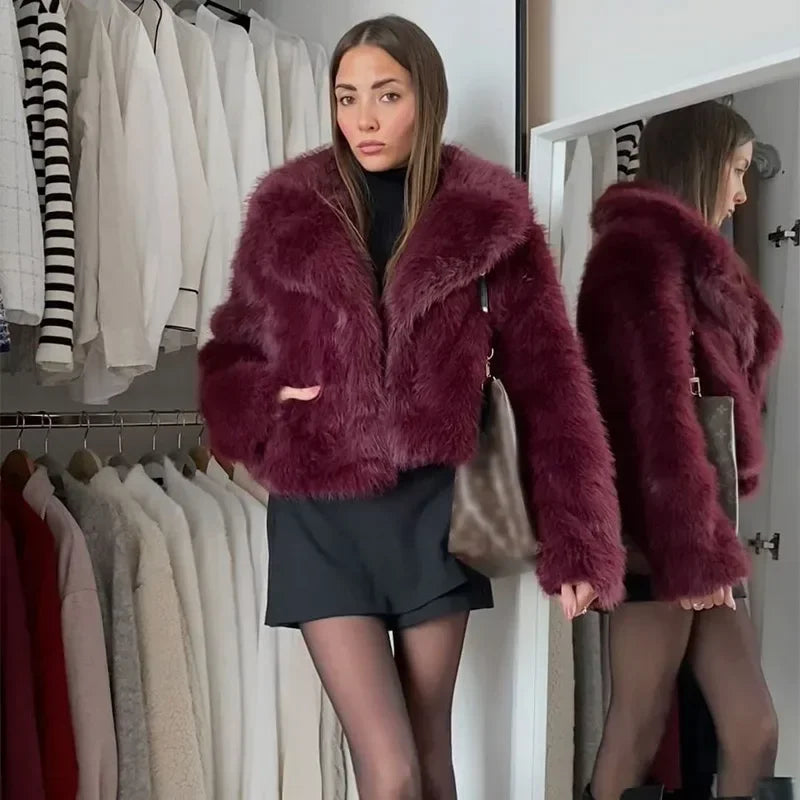 Burgundy Faux Fur Coat Vintage Long Sleeve Furry Warm Jackets Jackets LUNARITY GARAGE