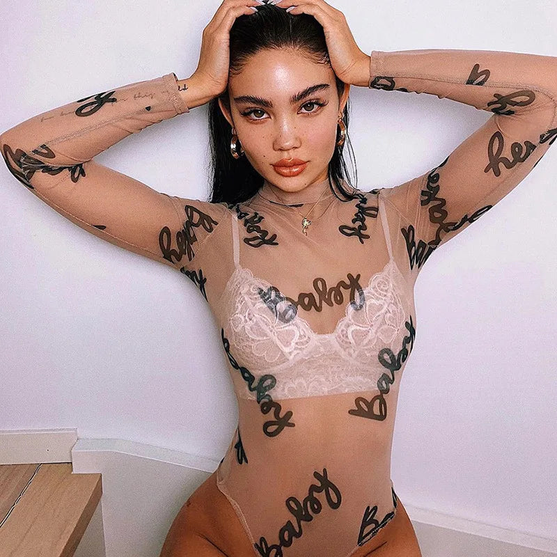 Sexy Letter Print Transparent Mesh Bodysuit - Long Sleeve See Through Romper Bodysuits LUNARITY GARAGE Khaki S