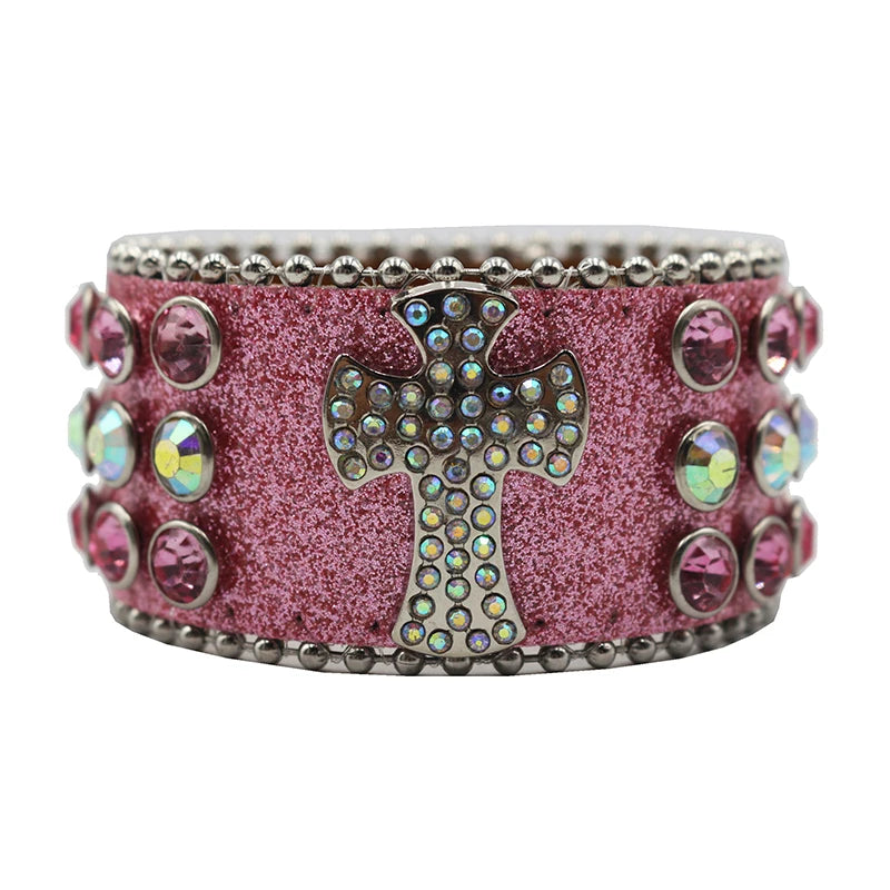 Punk Style Shiny Cross Rhinestone Bracelet Bracelets LUNARITY GARAGE Shiny-Pink
