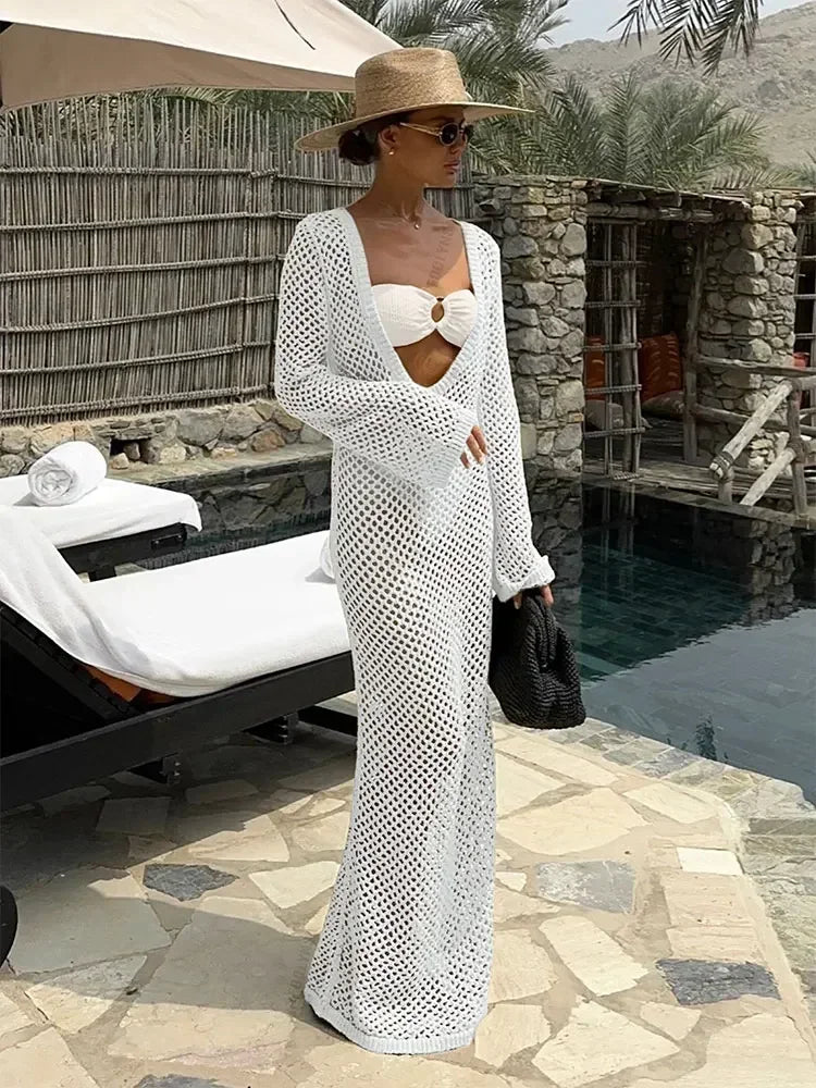 Sexy U-Neck Bell Sleeve Knit Maxi Dress | Summer Beach Cover-Up & Holiday Outfit K21 cover up LUNARITY GARAGE White S