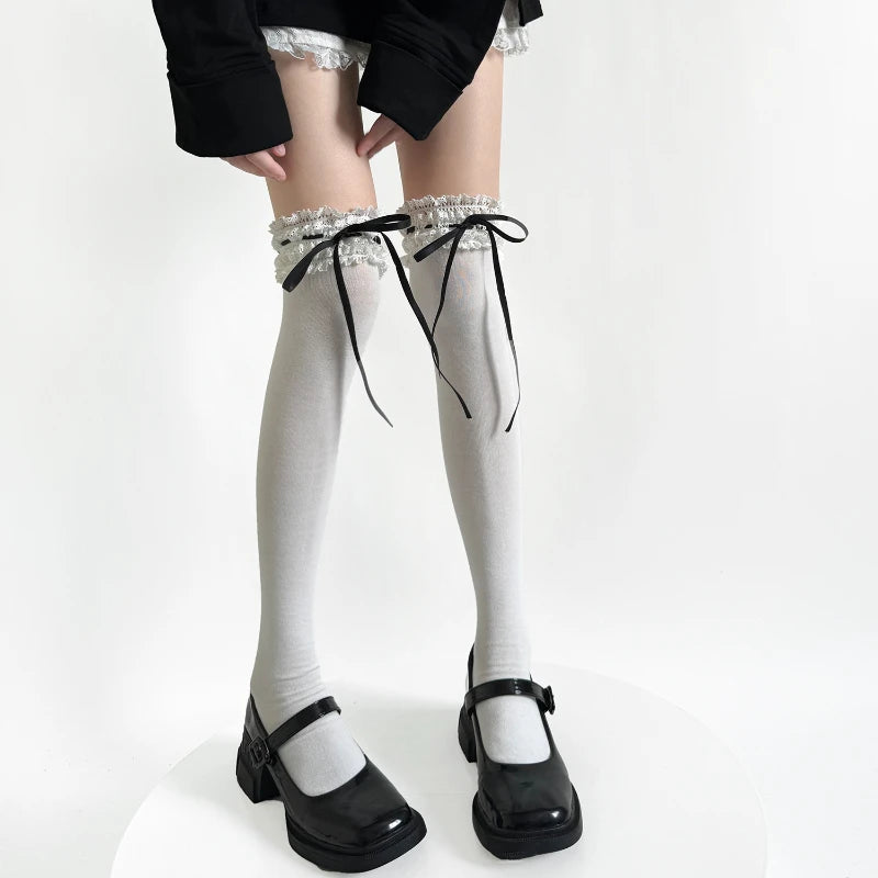 Japanese Style Women Thigh High Stockings – Lolita Lace Ruffle Ribbon Bow (2 Pairs) Stockings LUNARITY GARAGE White and Black One Size