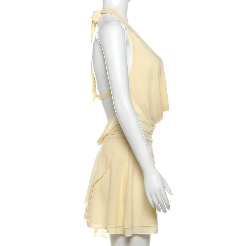 Draped Backless Halter Mini Dress – Sexy See-Through Deep V Neck Lace Up Beach Dress for Women Dress LUNARITY GARAGE