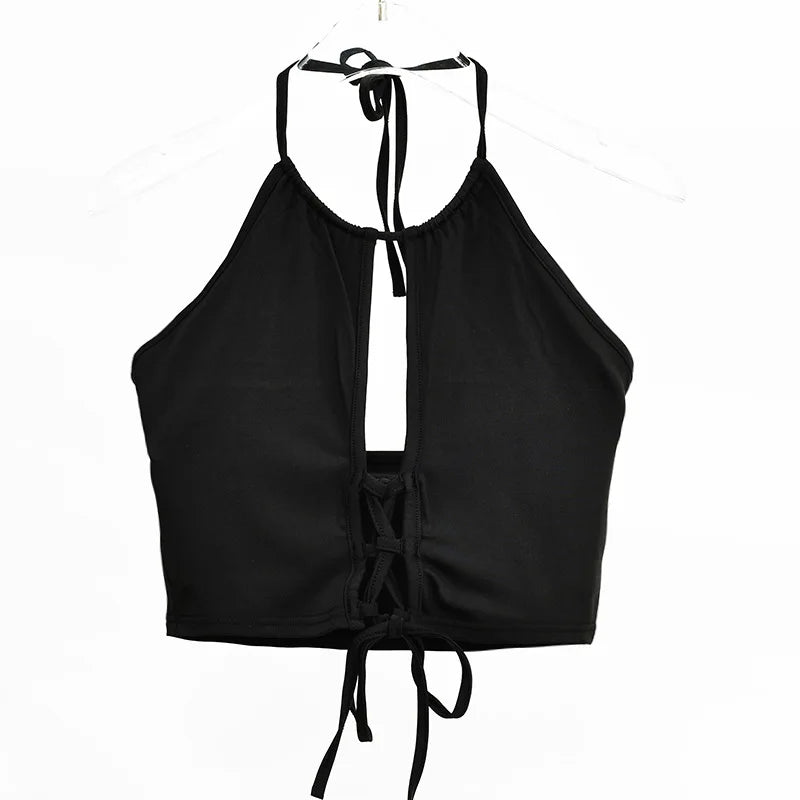 Sexy Tank Top Middle Hollow Out Strap Pull Up Halter Crop Tops Women Casual Sleeveless Cropped Vest Camisole Tube Top Female LUNARITY GARAGE black L