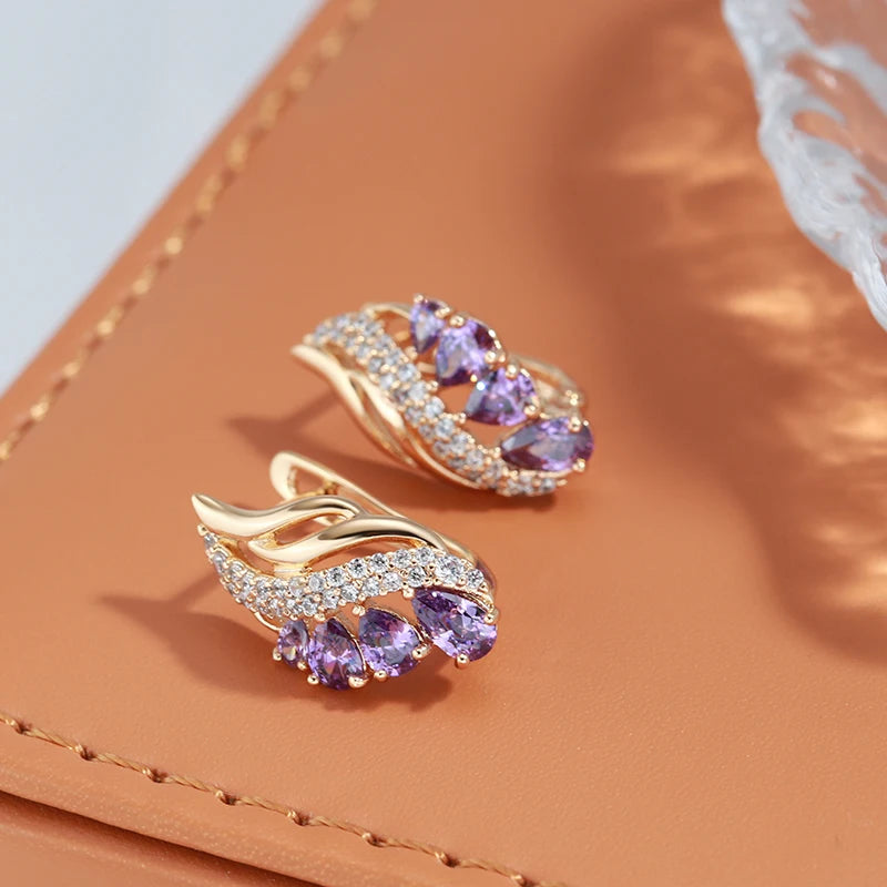 Purple Water Drop Natural Zircon Earrings for Women Luxury 585 Rose Gold Fashion Jewelry Unique Daily Drop Earrings ring LUNARITY GARAGE   