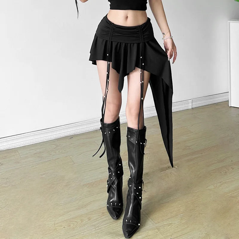 Gothic Dropped Waist Mini Skirt - Punk Grunge Irregular Hem A-line Techwear Skirts LUNARITY GARAGE