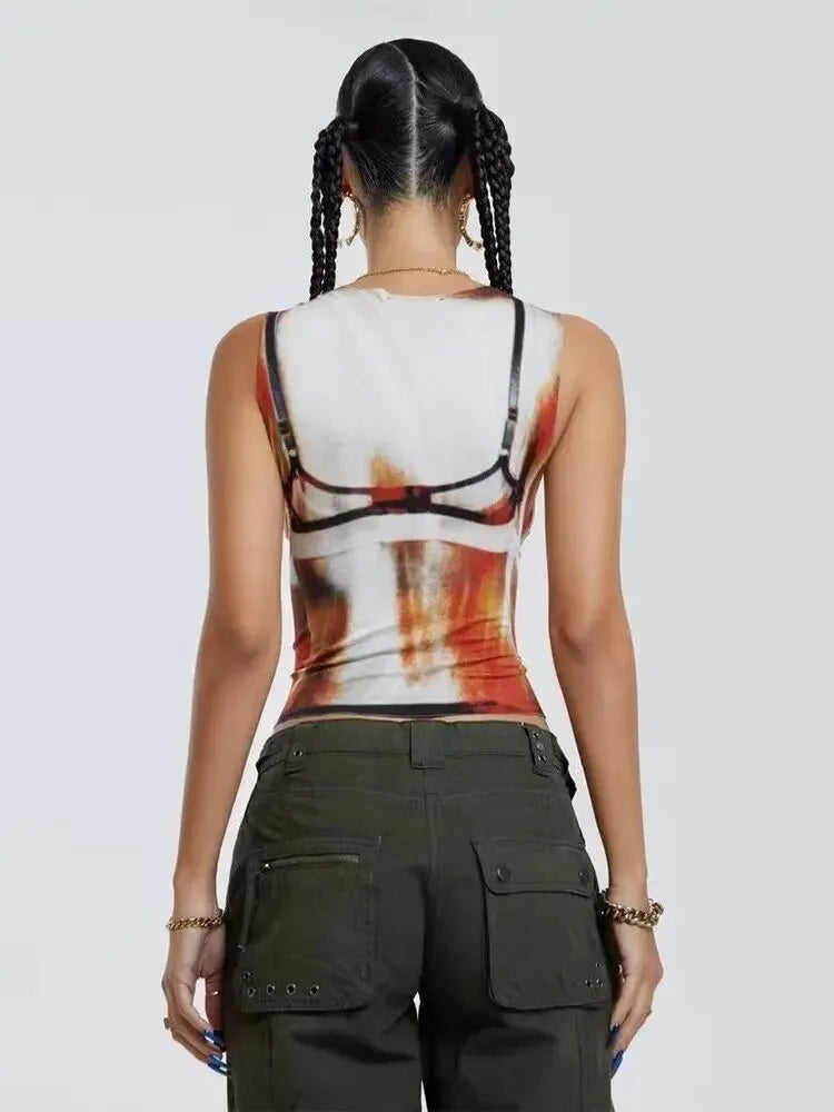 Sexy Pixelated Print Color Block Slim Fit Vest Top - Y2K Inspired Tops LUNARITY GARAGE