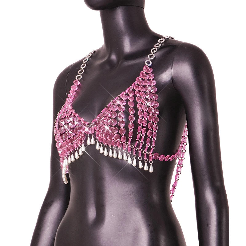 Pearl Tassel Halter Body Chain – Pink Drip Acrylic Stone Bikini Chest Jewelry Body jewelry LUNARITY GARAGE