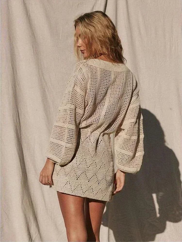 Daring Winter Warmth: The Sexy See-Through Deep V-Neck Knit Mini Dress Dress LUNARITY GARAGE